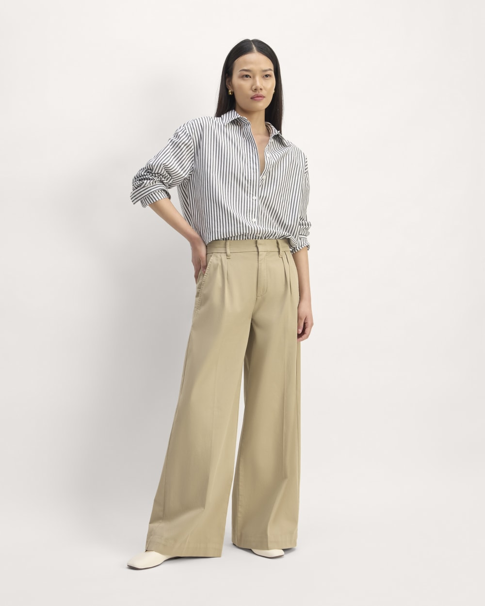 womens-pleated-wide-leg-chino-trench-coat-khaki | primary