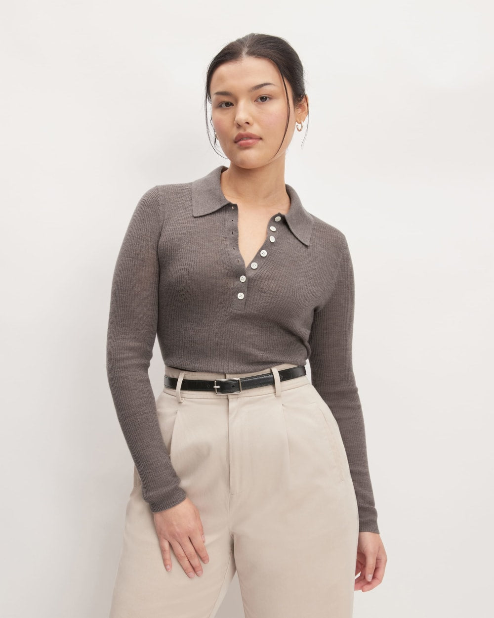 womens-ultrafine-merino-ribbed-polo-heather-cocoa | primary