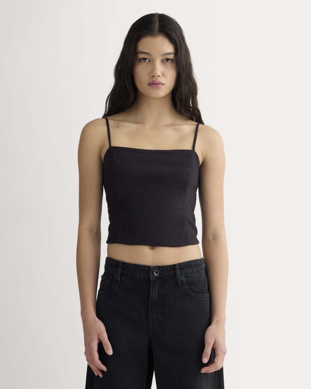 womens-seamed-top-stretch-linen-black | primary