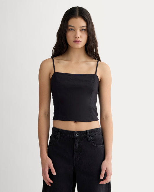 womens-seamed-top-stretch-linen-black | primary
