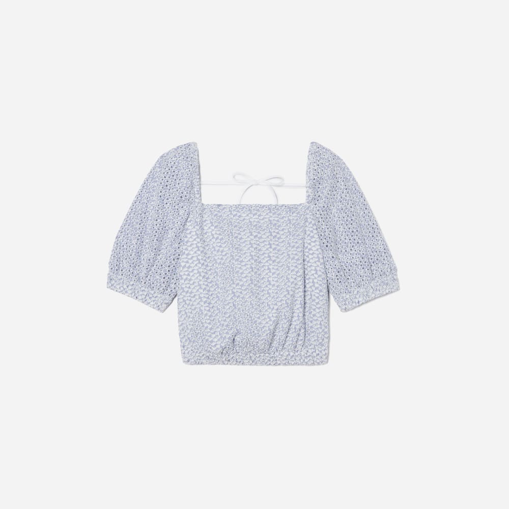 womens-eyelet-puff-sleeve-top-blue-stripe | alt