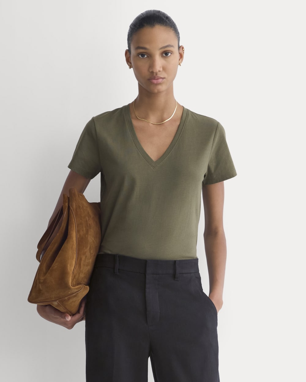 womens-organic-cotton-slim-v-neck-tee-olive-night | primary