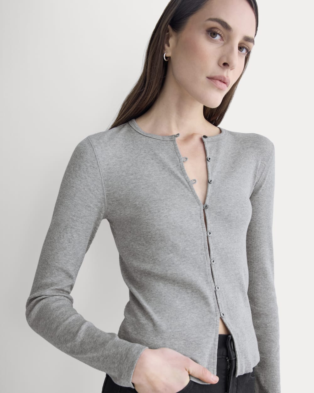 womens-luxe-rib-button-up-top-heathered-light-grey | primary