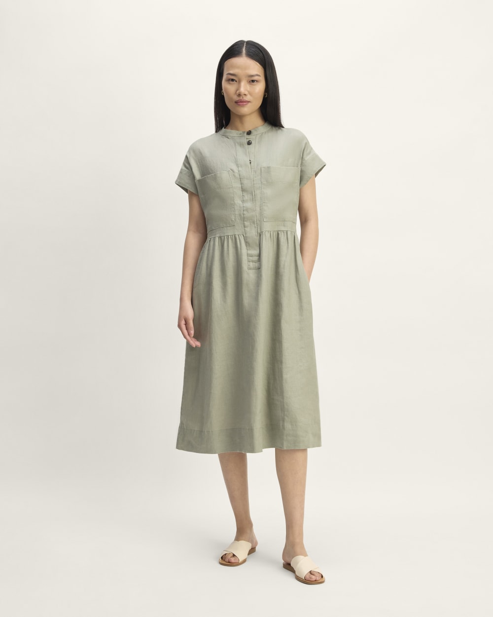 womens-linen-workwear-midi-dress-sage-green | primary