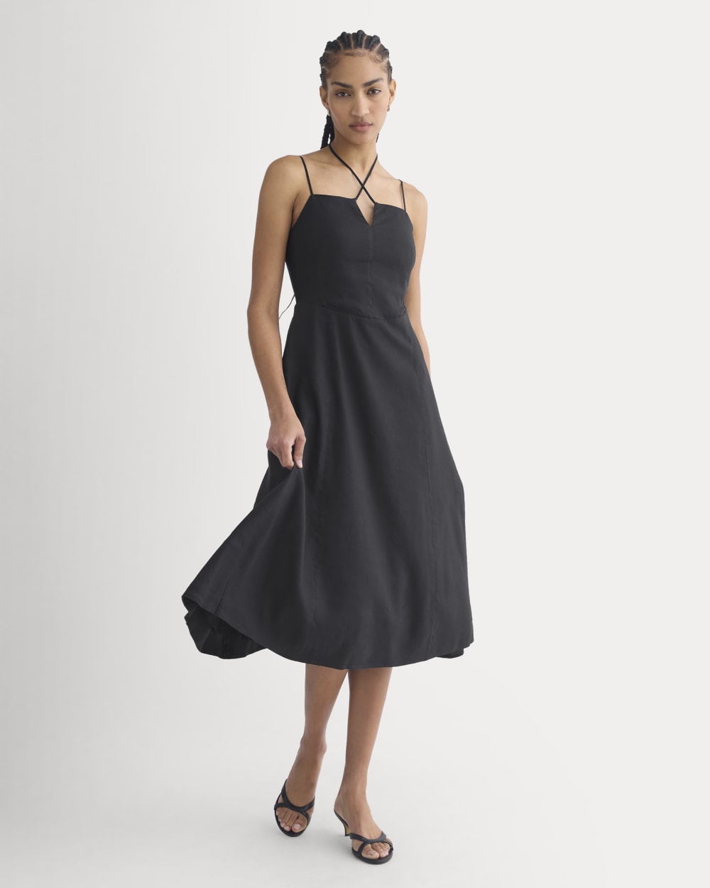 womens-tie-neck-dress-in-stretch-linen-black | primary