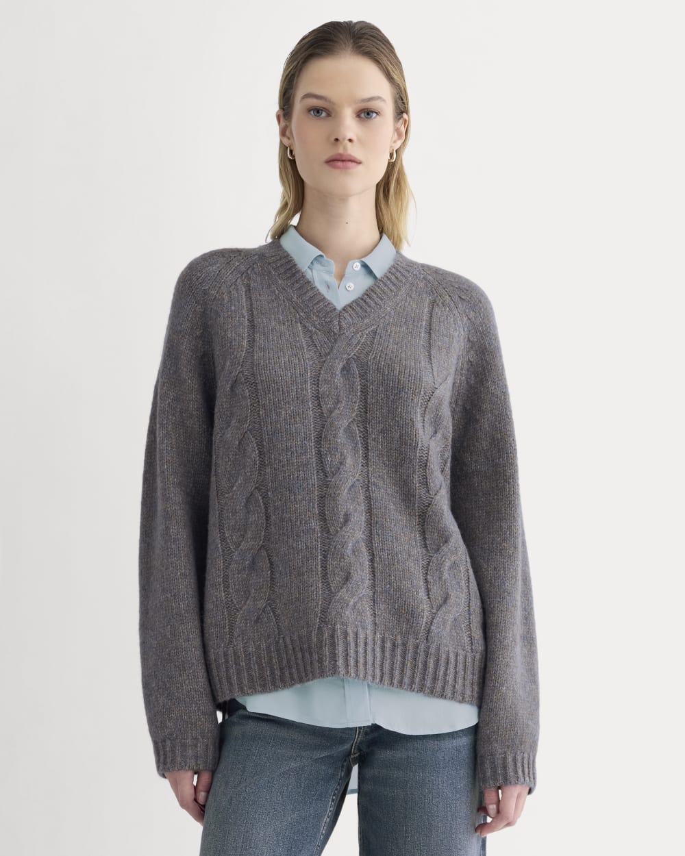 womens-cloud-cable-v-neck-sweater-blue-multi-twist | primary