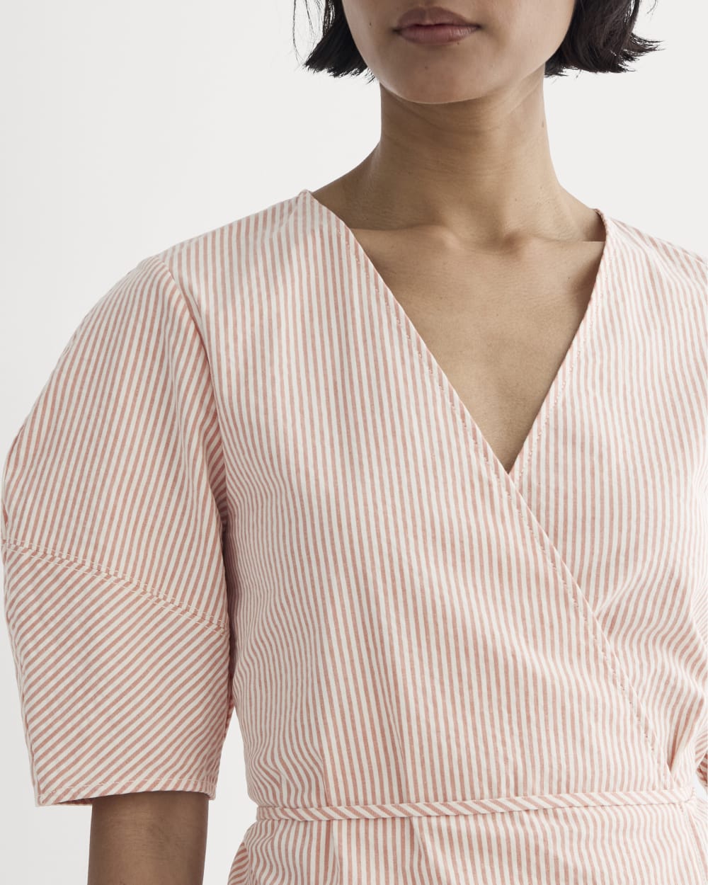 seersucker dress women Everlane Seersucker Mini Wrap Dress In Soft Orange, Size 8, Cotton