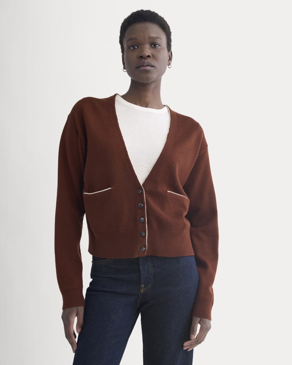 Deep V-Neck Cardigan in Cotton Merino