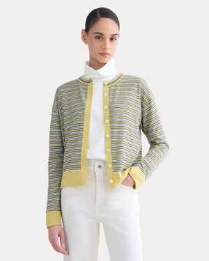 Crew Cardigan in Ultrasoft Merino | Double Cream Multi Stripe