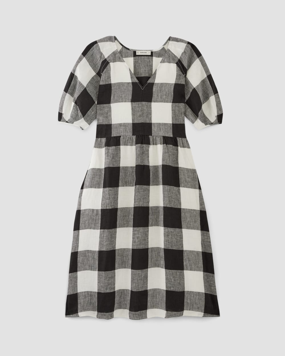 womens-linen-oversized-puff-sleeve-dress-bone-black-check | alt