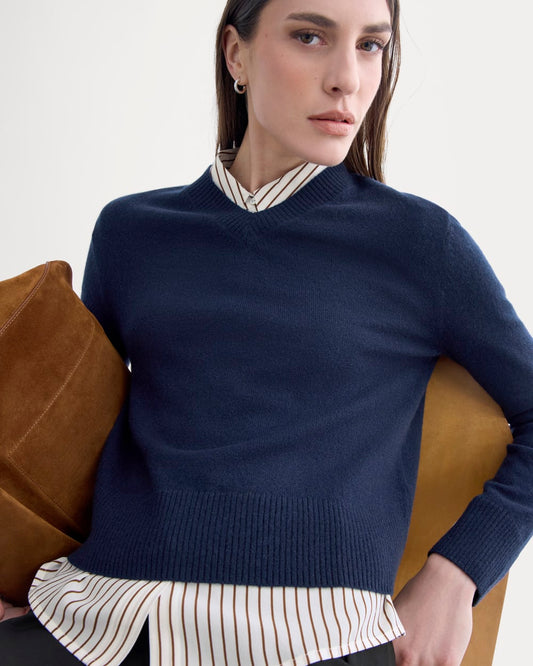 womens-cashmere-cropped-high-v-sweater-navy | primary
