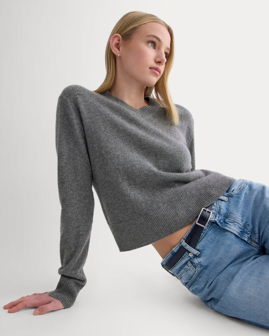 womens-cashmere-cropped-high-v-sweater-heather-charcoal | primary