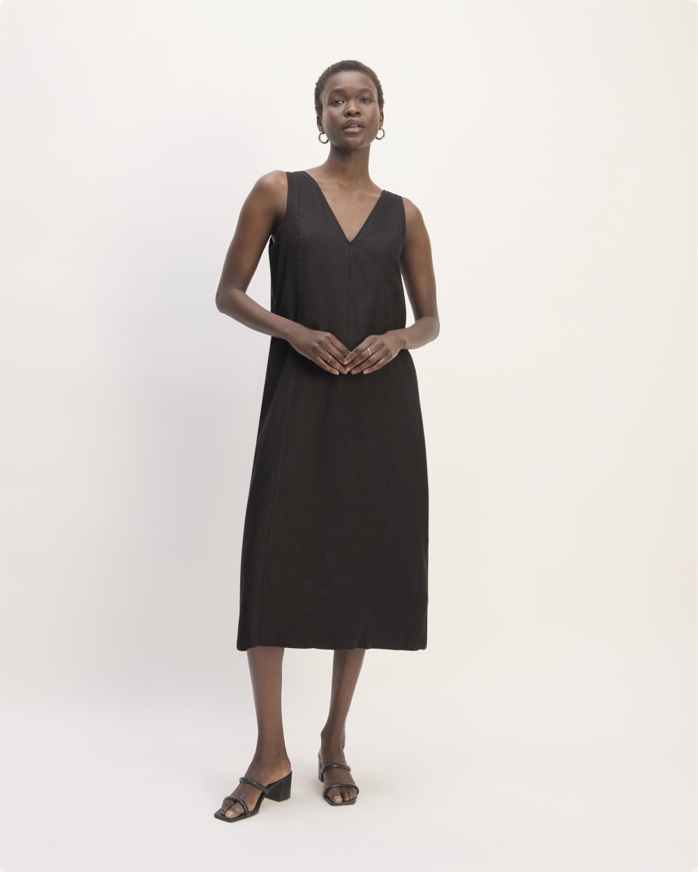 womens-linen-v-neck-midi-dress-black | primary