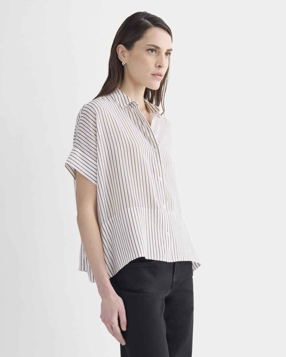 The Boxy Shirt in Washable Silk | Bone / Toffee Stripe