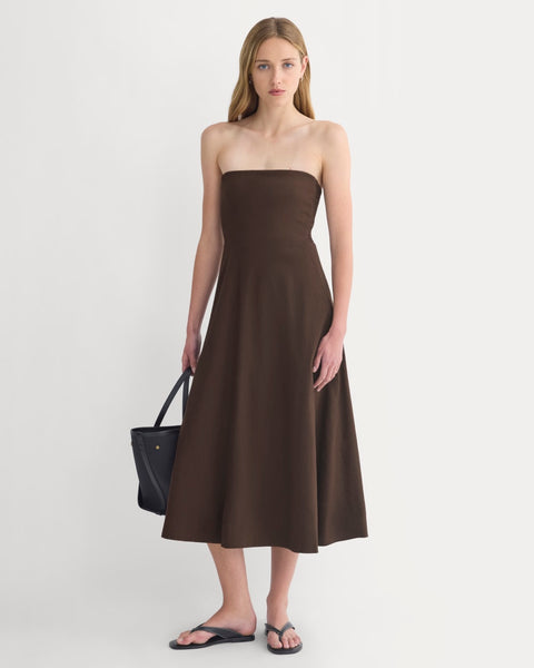 Everlane Strapless Dress, Stretch Linen, Dark Brown, Size 6, Viscose/Linen
