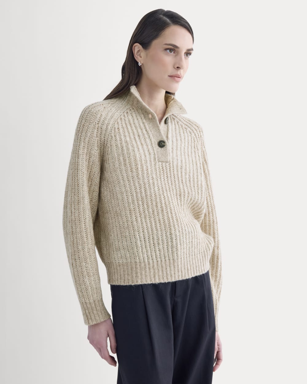 Funnel-Neck Ribbed Henley Sweater