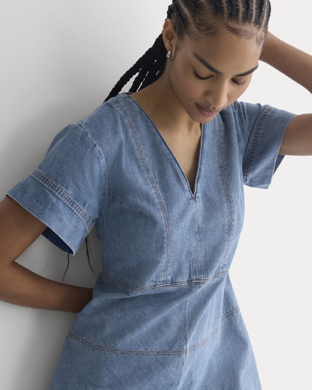 white christmas dresses The Evette Zip Front Midi Dress In Light Wash Denim main image 0